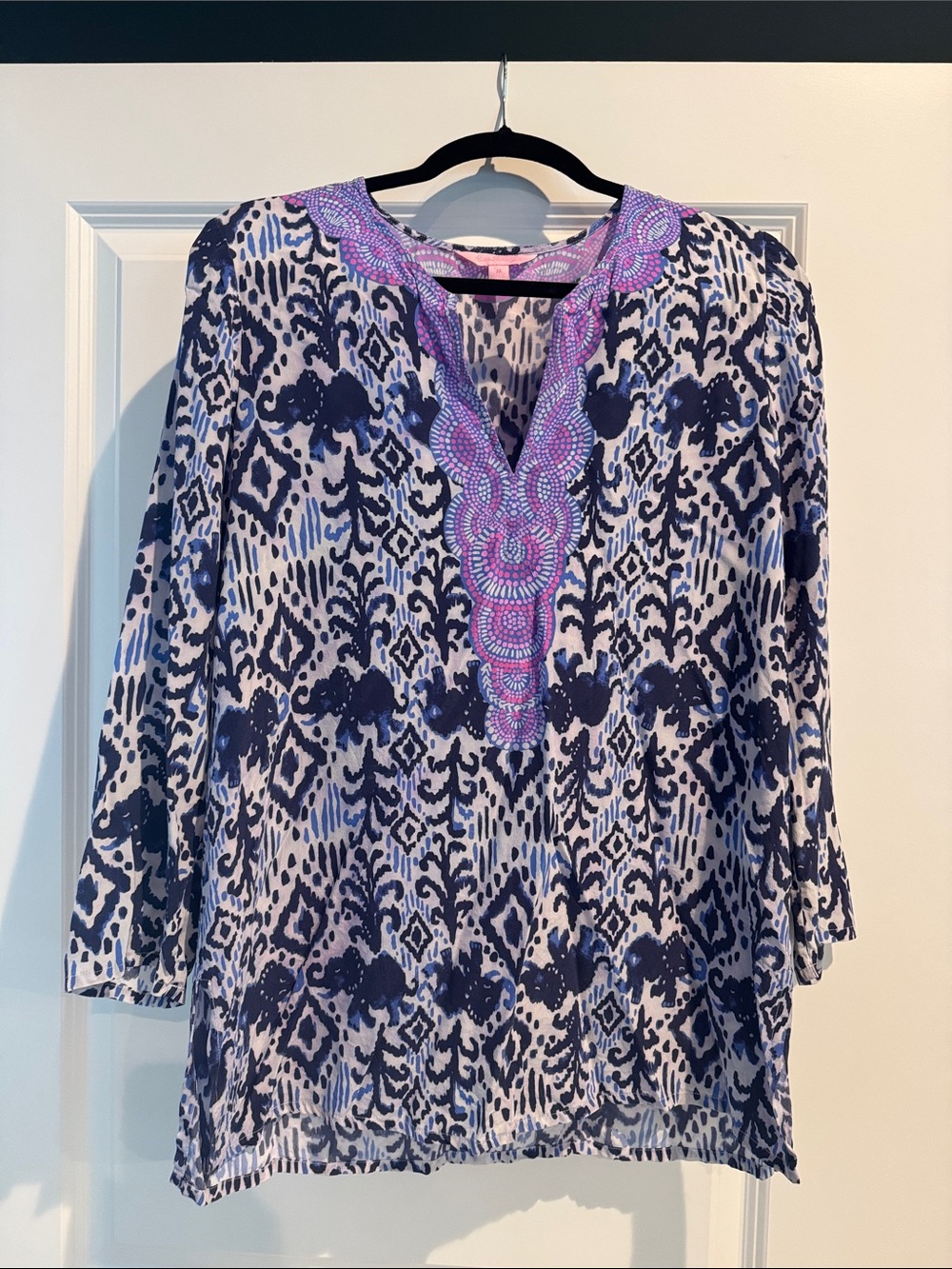 Lilly Pulitzer Navy and Pink Printed Tunic with Embroidered Placket